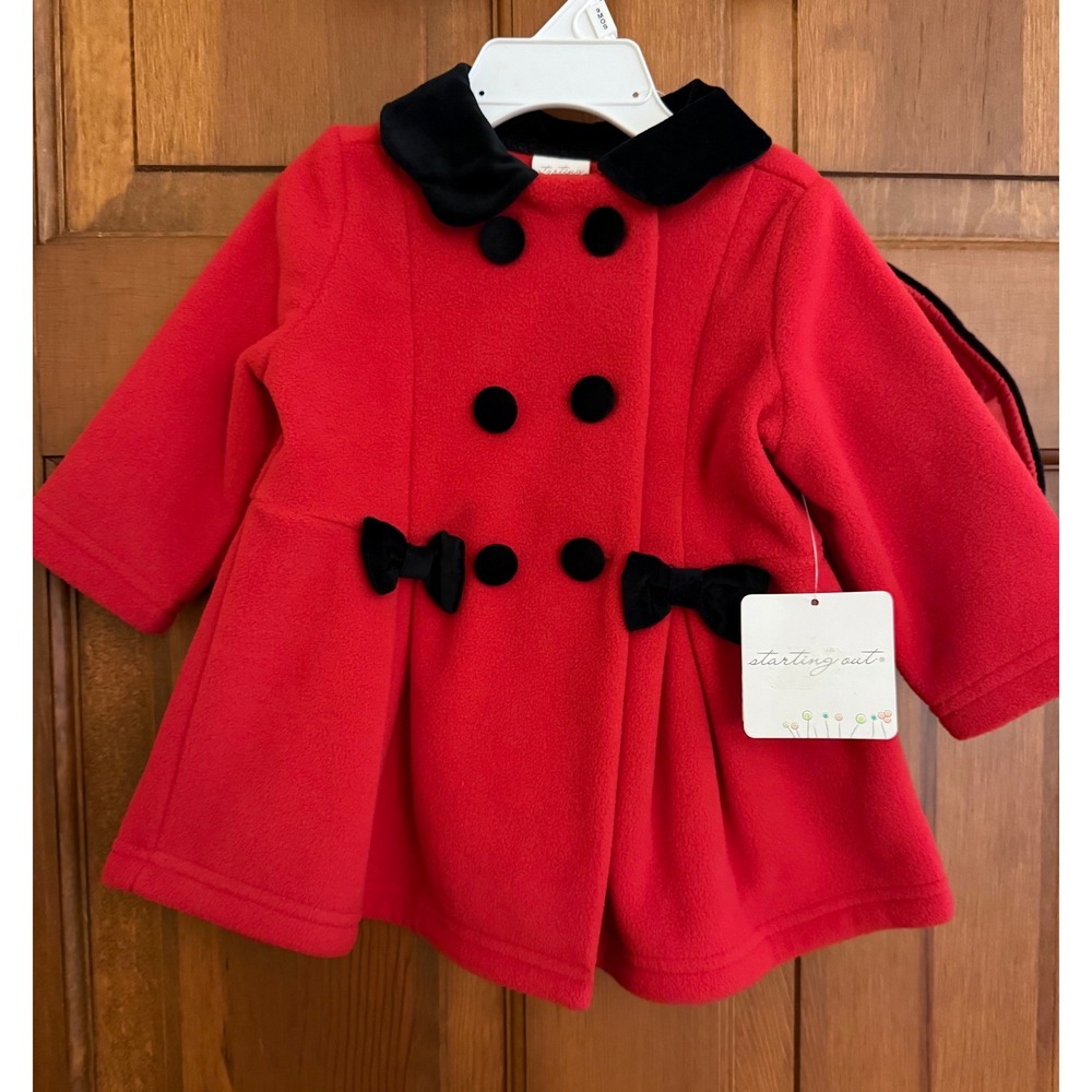 Starting Out Baby Holiday Bow Peacoat & Hat Set Size 9 Mths ‎ Red Velvet Trim